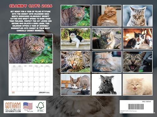 Cranky Cats Calendar 2026 Bad Cat Monthly Wall Calender 12 Month | American Made In The USA