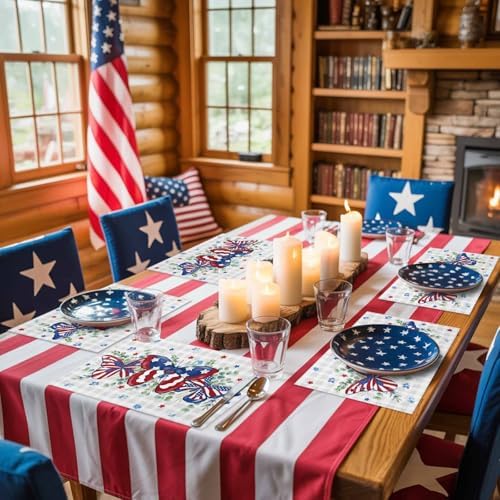 4th of July Placemats Set of 6, Patriotic Star Butterfly Heat Resistant Washable Dining Table Mats Summer Farmhouse Decor for Kitchen&Table Linens Outdoor Indoor, Eucalyptus Leaves Grey Buffalo Plaid