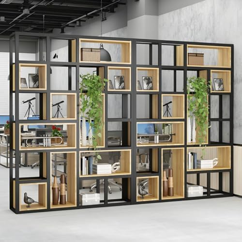 Wood Industrial Cube Bookcase with Shelves & Open Back Iron Bookshelf Floor Steel & Wood Shelf Multi-Layer Shelf Storage Rack Office Partition Display Rack Natural 126" L x 9.8" W x 94.5" H