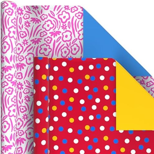 Hallmark Reversible Wrapping Paper Rolls - Checkered, Solids, Stripes, Polka Dots, Flowers, Gift Wrap Paper (Set of 6 Rolls: 150 sq. ft. ttl.) for Birthday, Christmas, Baby Shower, Graduation, All Occasion