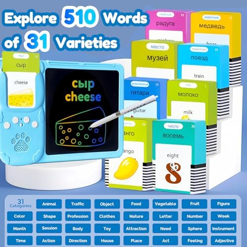 Writing Tablet with Bilingual Flash Cards for Kid, Russian, Blue