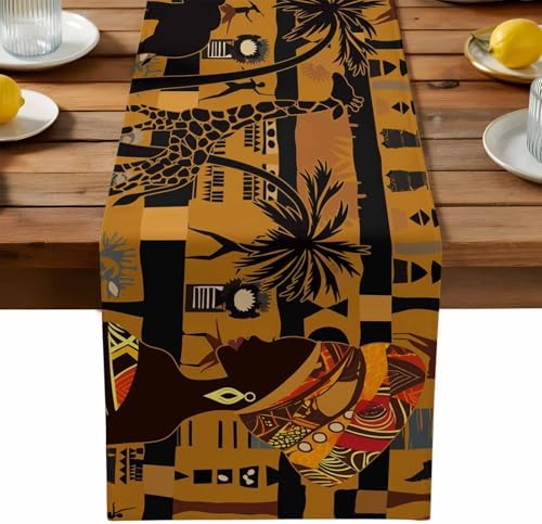 Black African Female Table Runner Dresser Scarf 13 x 120 Inch Elephant Giraffe Ethnic Wind Brown Black Table Runners Non-Slip Heat Resistant Kitchen Dining Table Decor for Home Holidays Indoor Outdoor
