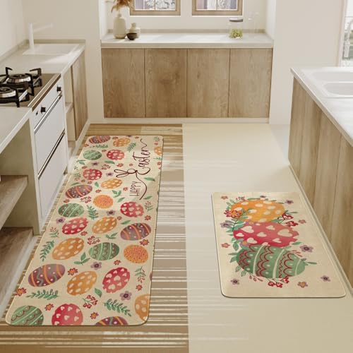 Happy Easter Kitchen Rugs and Mats Set of 2,Spring Eggs Flowers Floral Farmhouse Non Slip Washable Floor Sink Mats Decorations for Home Kitchen 18"x48"+18"x30"
