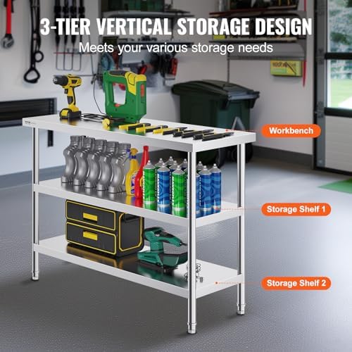 VEVOR Stainless Steel Food Prep Table, 18 x 48 x 34 Inch Commercial Kitchen Worktable, with 2 Adjustable Undershelf, Heavy Duty Prep Tables Metal Work Table for BBQ, Kitchen, Home, and Garage