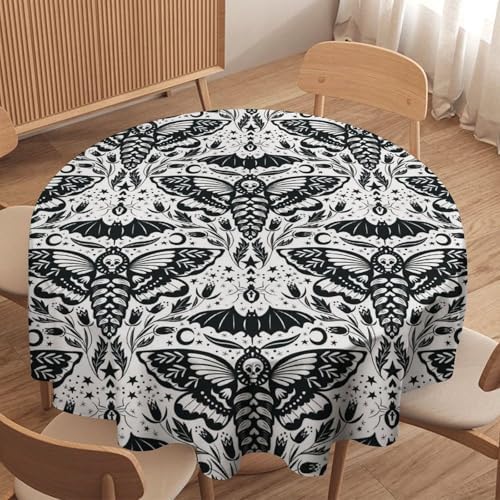 Boho Moth Tablecloth, Gothic Mysterious Halloween Black White Death Butterfly Bat Witch Print Table Cloth for Kitchen Dining Picnic Party Restaurant Decoration, 60x60in