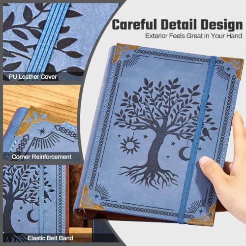 Ovesmusl PU Leather A5 Binder 6 Ring Refillable Journal Cover No Refill Paper A5 Planner Binder Loose Leaf Binder for Notebook 5.7”x8.3” with Elastic Closure, Blue Tree