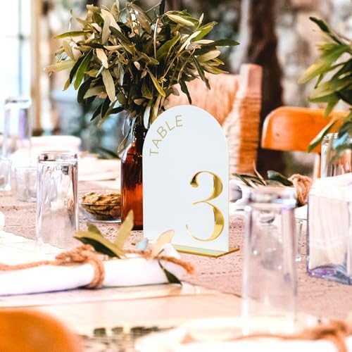 White Arch Wedding Table Numbers 1-20, Gold Numbers and Stands