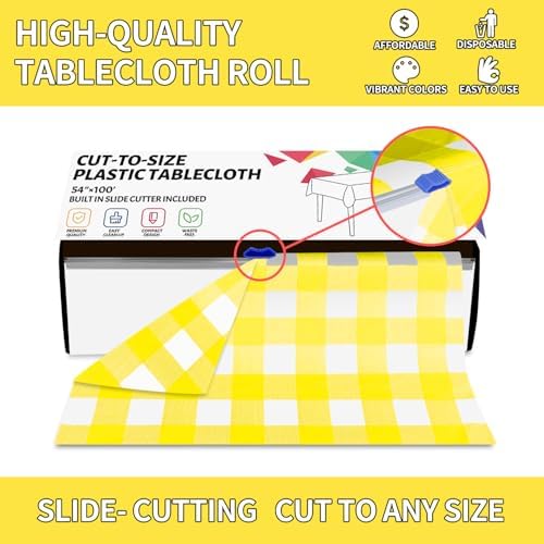 CXPSINC 54 Inch X 100 Feet Plastic Table Cover Roll Disposable Tablecloth with Slide Cutter for All Type/Shape Tables | Party, Banquet, Birthdays, Weddings(Yellow Checkered, 100 Feet)