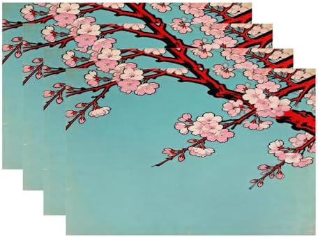 Batmerry Shabby Chic Cherry Blossom Linen Placemats Set of 4, Turquoise Vintage Washable Table Mats for Kitchen Table Thickened Heat Insulation Dining Set Indoor Outdoor 12X18 in