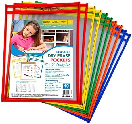 C-Line Reusable Dry Erase Pockets, 9 x 12 Inches, Assorted Primary Colors, 10 Pockets per Pack (40610)