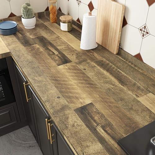 WESTICK Brown Wood Counter Top Peel and Stick Waterproof Wood Contact Paper Self Adhesive Wooden Wallpaper Rustic Wooden Vinyl Countertop Wrap for Countertops Tables Kitchen Cabinets 15.8" x 78"