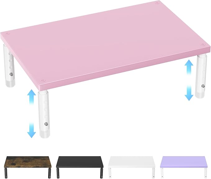ECOLOVI Adjustable Wood Computer Monitor Stand Riser, Office Desk Organizer and Accessories for Monitor, Laptop, PC, Printer, Office Desk Accessories Workspace Organizer for Home Office Supplies, Pink