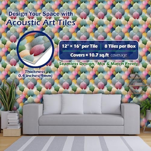 PINWELIFE® Acoustic Art Tiles – 8-Pack 12"x16" Sound Absorbing Panels, Seamless Wallpaper-Style Decorative Acoustic Wall Art, Echo Reduction for Home Studio/Office, Nano Tape Included