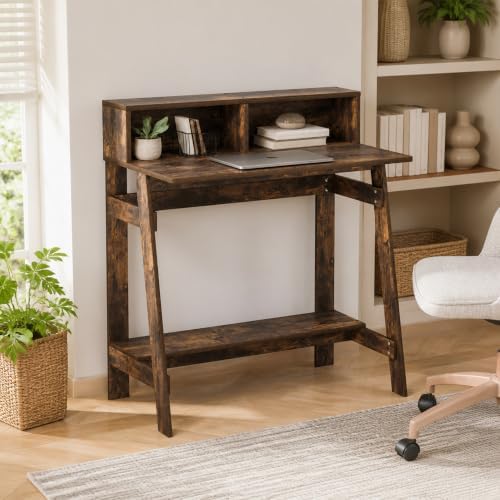 31.6 Wide Gaming Desk with Monitor Stand, A Frame Computer Desk with Shelf, Office Desk for Dorm, Home Office, Study Room, Bedroom, Amber Pine