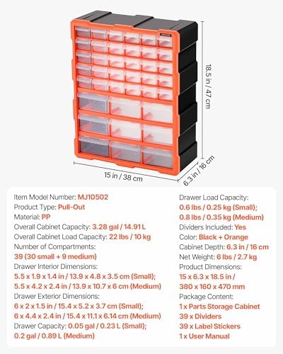 VEVOR 39-Drawer Storage Organizer, Plastic, Drawer Storage Cabinet for Garage Organization, Stackable Small Parts Organizer, Wall-Mounted Toolbox, for Hardware, Beads, Screws, Crafts, Building Bricks