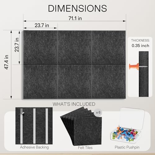 MaxGear Extra Large Bulletin Board 72" x 48", Dark Gray Felt Wall Tiles