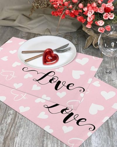 Pink Valentine's Day Placemats Set of 4, Valentines Love Heart Heat Resistant Washable Table Place Mats Cotton Table Linens Party Holiday Decorations for Home Kitchen Dining Table Outdoor Indoor,