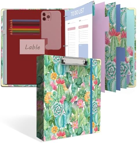 3 Ring Binder, 1 Inches Round Ring Binder with Clipboard, Dividers Tabs, PVC Zipper Bag Sleeves & to Do List Planners, Decorative Binder for School, Office Supplies-Cactus Flowers