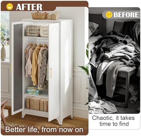 SteeLoong 71”Armoire Wardrobe Close,White Wardrobe Cabinet with Mirror Door