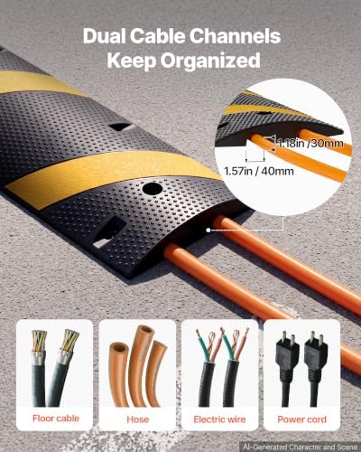 VEVOR 6FT Rubber Driveway Speed Bumps for Road-2PCS, Heavy Duty 2 Channel Modular Traffic Speed Humps, 22000 lbs/Axle Load Capacity, 72'' Cable Protector Ramp with Screws for Asphalt Concrete Gravel