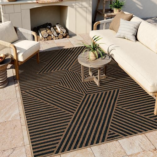 Lahome Geometric Easy Jute Outdoor Rug 5x7, Black Modern Entryway Rug