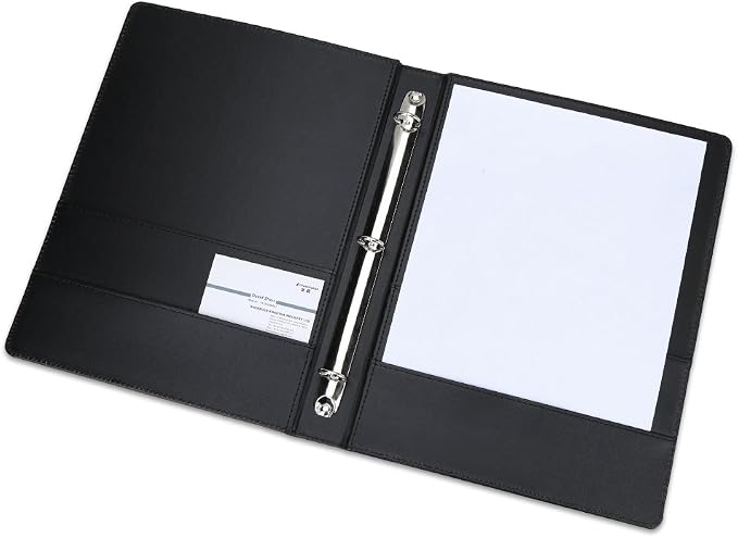 KINGFOM A4 Faux Leather Padfolio Ring Binder Business File Folder Document Holder with Card Holder (3 Ring Binder Black)
