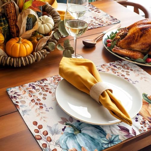 Fall Thanksgiving Placemats Set of 4, Watercolor Autumn Pumpkins Eucalyptus Leaves Heat Resistant Washable Linen Table Place Mats Party Holiday Decor for Home Kitchen Dining Outdoor Indoor,Blue Orange
