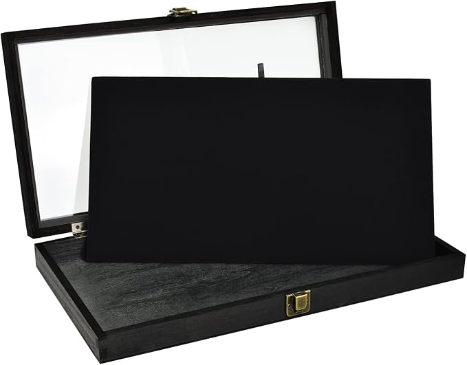 MOOCA Wooden Jewelry Display Case, Pocket Knife Display Case with Tempered Glass Top Lid and Removable Black Luxurious MDF Velvet Jewelry Pad, Black Color