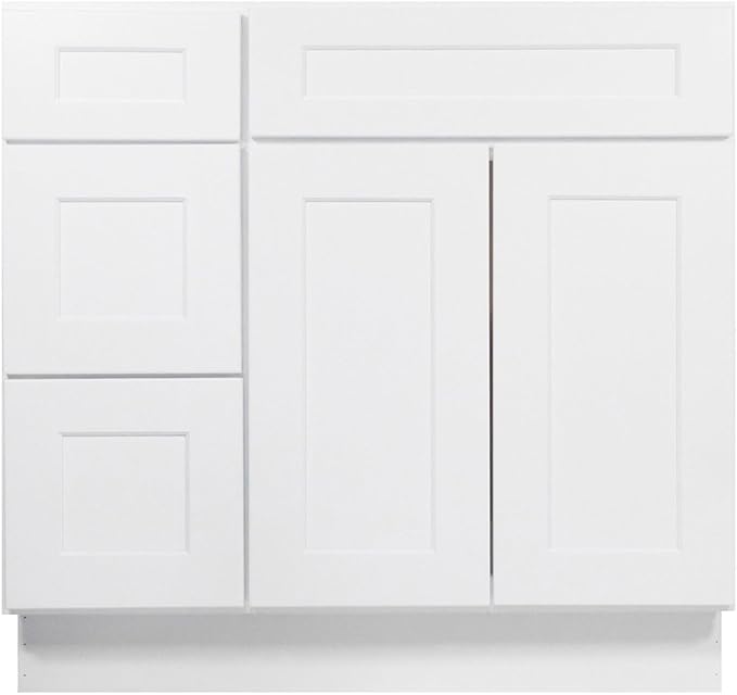 Furinno Shaker Left 3-Drawers Bath Vanity Cabinet, 2-Door, White | 21 D x 36 W x 34.5 H, Adjustable Hinges, Soft-Close Shaker-Style Door, Ready to Assemble, Plywood, for Bathroom, Washroom