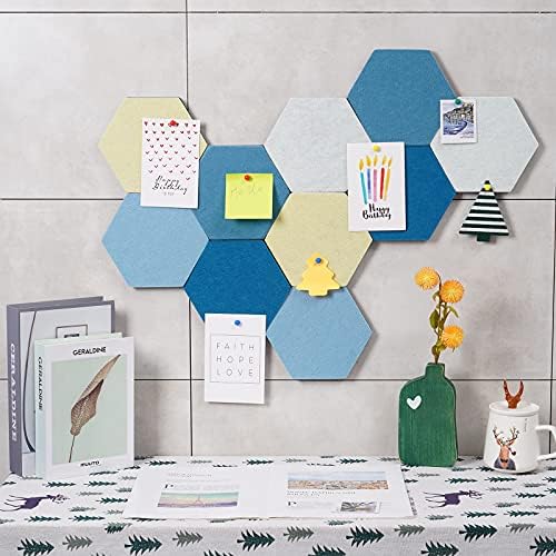 10Pcs Self Adhesive Felt Board Tiles Hexagon Bulletin Board for Walls, Felt Cork Pin Board for Pictures Photos Memos with Push Pins (Color B)