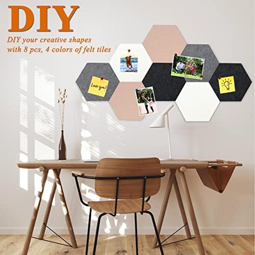 8Pcs Hexagon Felt Cork Board Tiles, Self Adhesive DIY Bulletin Board Pin Board for Office School Home Wall Decor Stickers Memos Photos Display (Camel & Grey)
