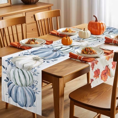 Fall Table Runner Blue Pumpkin Table Runners Harvest Thanksgiving White Blue Pumpkins Wooden Cotton Linen Dresser Scarf Kitchen Dining Table Decor for Autumn Holiday Party Coffee 13x48 Inch
