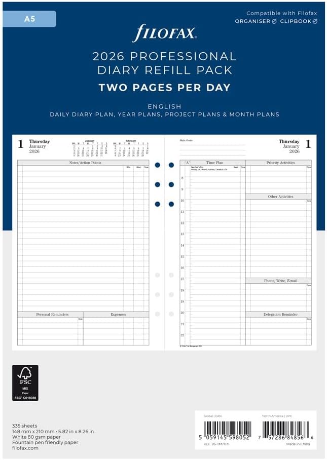 Filofax Calendar Diary Refill, A5 Size, One Day on Two Pages with Appointments, Time Management, White Paper, English, 2026 (CTM7031-26)