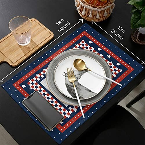 Fourth of July USA American Flag Farm Trucks Placemats Set of 4, Blue Red White Stripes Stars Rustic Wooden Buffalo Check Heat Resistant Washable Table Mats Decoration for Kitchen Dining Outdoor