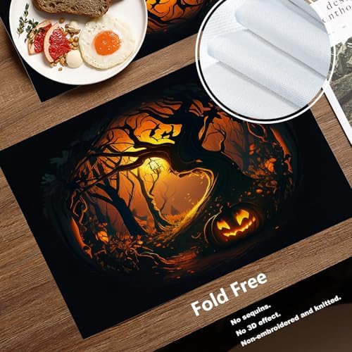 Batmerry Happy Halloween Funny Linen Placemats Set of 4, Pumpkins Lanterns Forests Terror Washable Table Mats for Kitchen Table Thickened Heat Insulation Dining Set Indoor Outdoor 12X18 in