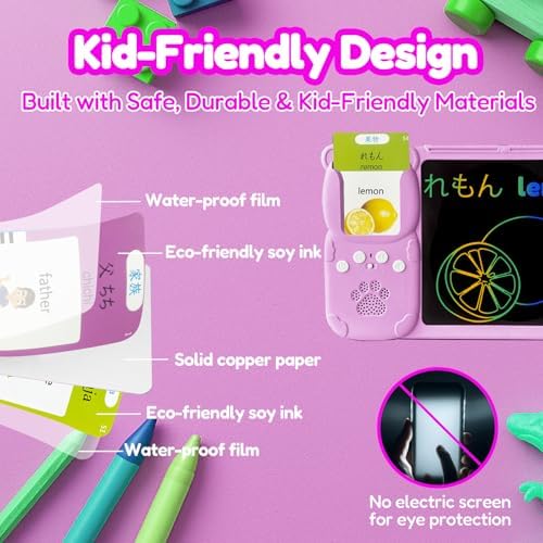 Writing Tablet with Bilingual Flash Cards for Kid, Japanese Pink