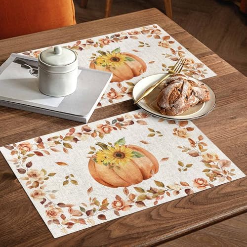 Boho Fall Placemats Set of 6, Thanksgiving Watercolor Pumpkins Heat Resistant Washable Table Place Mats Sunflowers Eucalyptus Table Linens Party Holiday Decor for Home Kitchen Dining Outdoor Indoor,