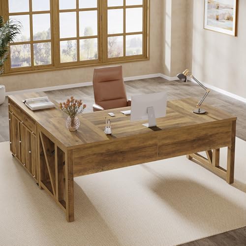Tribesigns L Shaped Desk with Drawer Cabinet, 63" Executive Computer Desk and lateral File Cabinet, 2 Piece Home Office Furniture with Drawers for Hanging, Door