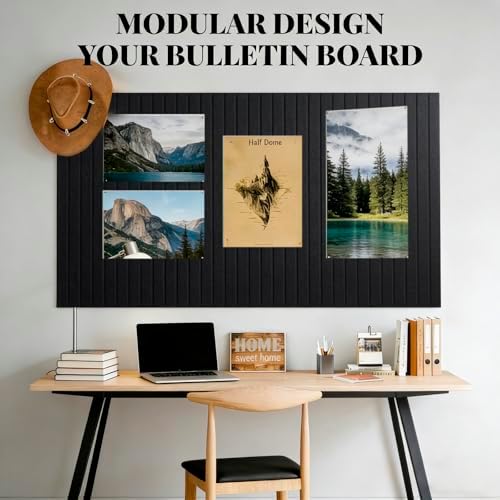 Slat Felt Wall Tiles (12 Pack) - 11.8"x11.8" Self-Adhesive Bulletin Board for Wall, Acoustic Panels for Sound Dampening, Modern Black Pin Board, Home Office Decor (30x30cm)