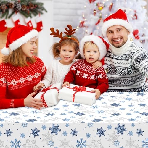 CXPSINC 54 Inch X 300 Feet Plastic Table Cover Roll Disposable Tablecloth with Slide Cutter for All Type/Shape Tables | Party, Banquet, Birthdays, Weddings(Christmas Blue Snowflake, 300 Feet)