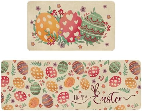 Happy Easter Kitchen Rugs and Mats Set of 2,Spring Eggs Flowers Floral Farmhouse Non Slip Washable Floor Sink Mats Decorations for Home Kitchen 18"x48"+18"x30"