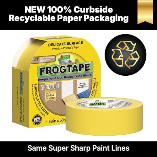 FrogTape Delicate Surface Painters Tape with PAINTBLOCK, 2 in Wide (1.88 in x 60 yd), Low Adhesion, Painting Tape Ideal for Freshly Painted Walls, Trim & Surfaces, Yellow, 1 Roll (280222)