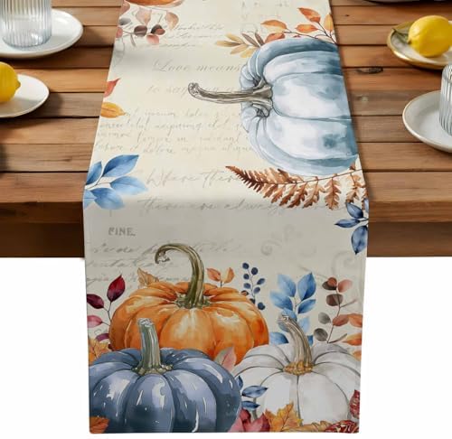 Fall Orange Blue Pumpkin Table Runner Dresser Scarf 13 x 36 Inch Eucalyptus Leaf Retro Thanksgiving Table Runners Non-Slip Heat Resistant Kitchen Dining Table Decor for Autumn Holidays Indoor Outdoor