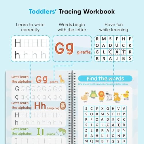Kiddospace Magic Grooved Writing Practice for Kids Ages 3-8 - 4 Large Reusable Handwriting Workbooks - Alphabet, Numbers, Math & Drawing - Grooved Tracing Books with Disappearing Ink Pen Included