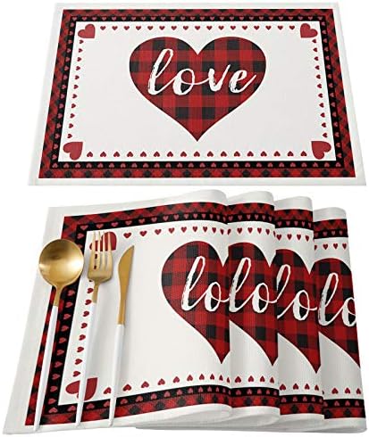 Valentines Day Placemats Set of 4, Red and Black Buffalo Check Plaid Love Cotton Line Fabric Heat Resistant Table Mats Non-Slip Washable Mats Decoration for Home Kitchen Dining Wedding Holiday Party