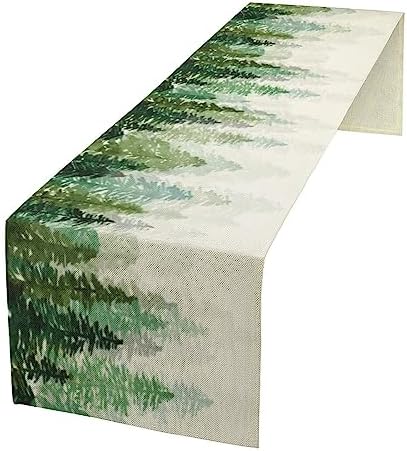Forest Pine Trees Table Runner, Woodland Tabletop Scarf Home Kitchen Holiday Decor, Seasonal Farmhouse Rustic Dining Decorations Party Supply 13 X 36 Inch