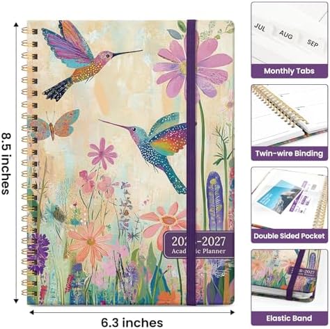 Planner 2026-2027, Jul 2026-Jun 2027 Academic Monthly & Weekly Planner | 6.3" x 8.5" Hardcover Pretty Calendar Planner for Women, Spiral Organizer for School Office Home Supplies, Hummingbird Garden