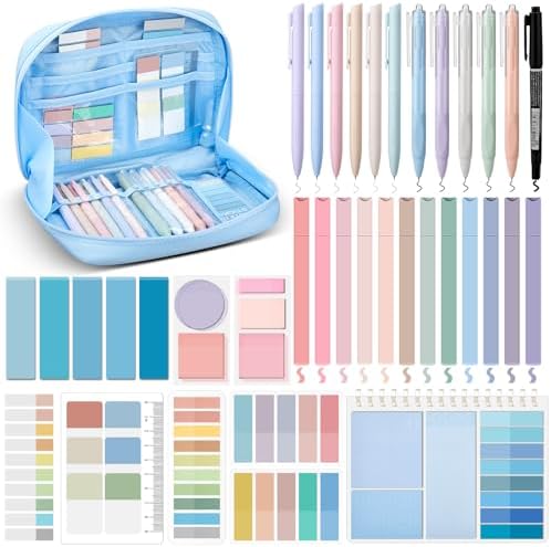 Jutom 41 Pcs Aesthetic Book Annotation Kit with Pencil Bag Bible Journaling Kit Notebook Sticky Note Tab Highlighter Black Ink Pen Page Marker School Office Supplies Bible Lover Gift(Blue)