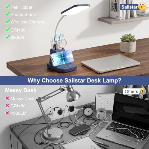 LED Desk Lamp with 10W Wireless Charging & Pen Holder, Navy Blue