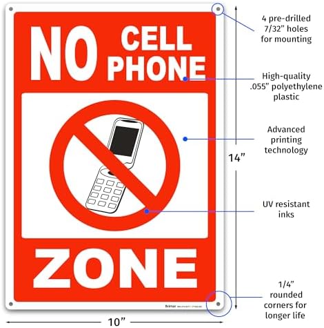 Brimar No Cell Phone Zone Sign, 10" X 14" Polyethylene Plastic, Made in USA